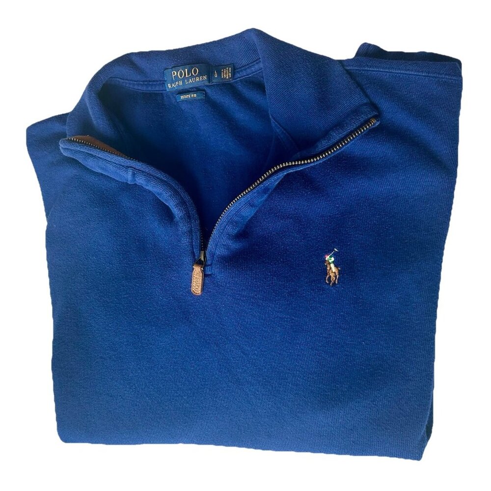 POLO RALPH LAUREN Men Lg Quarter Zip Sweater Estate Ribbed Knit BLUE 100% Cotton
